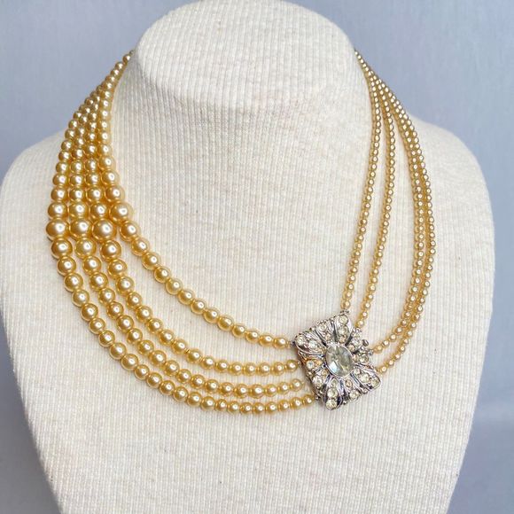 Layered Graduated Necklace Pearlesque Beads With Clear Rhinestones Clasp - Picture 2 of 13